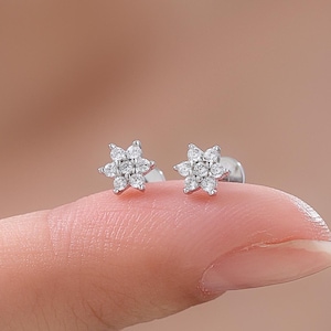 CZ Flower Screw Back / Internally Threaded Flat Back Earrings in Sterling Silver, Silver or Gold, CZ Snowflake Barbell Piercing Earrings