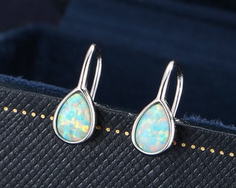 White Opal Droplet Drop Hook Earrings in Sterling Silver, Droplet Opal Drop Earrings, Pear Shape Opal Earrings, Opal Dangle Earrings