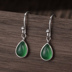 Genuine Green Onyx Droplet Drop Hook Earrings in Sterling Silver, Delicate Natural Green Onyx Earrings, Pear Shape Green Chalcedony Earrings