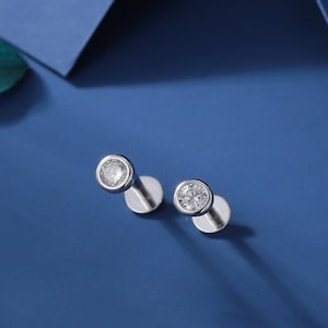 Clear CZ Bezel  Internally Threaded Flat Back Earrings in Sterling Silver, Silver or Gold