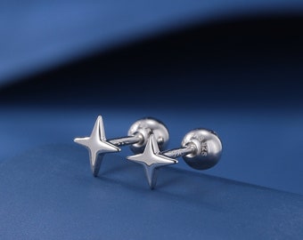 Tiny Four Point Star Internally Threaded Flat Back/Screw back/Stud Earrings  in Sterling Silver, Tiny Star Earrings