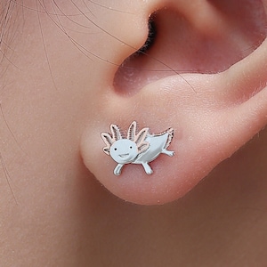 Tiny Axolotl Stud Earrings in Sterling Silver - Sea Creature Stud Earrings - Tiny Earrings - Pet Lover - Cute,  Fun, Whimsical