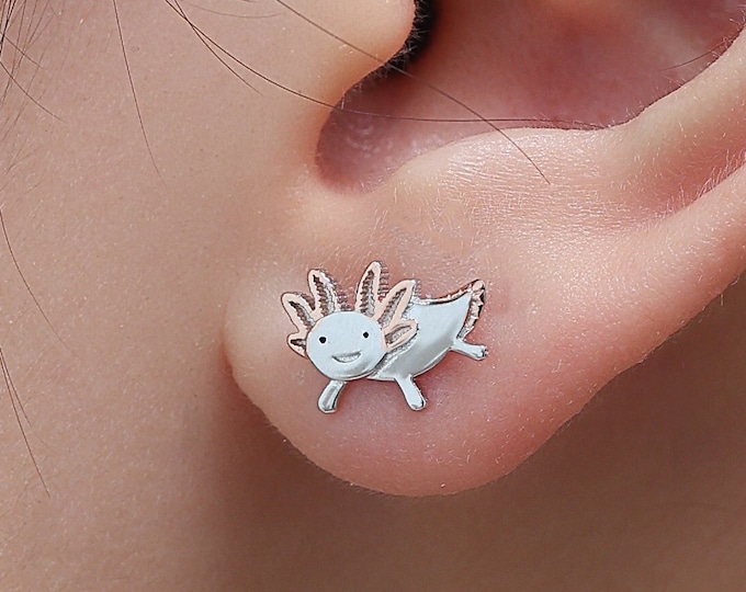 Tiny Axolotl Stud Earrings in Sterling Silver - Sea Creature Stud Earrings - Tiny Earrings - Pet Lover - Cute,  Fun, Whimsical