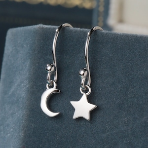Extra Tiny Star and Moon Dangle Drop Hook Earrings in Sterling Silver, Silver or Gold or Rose Gold, Tiny Star Dangle Earrings