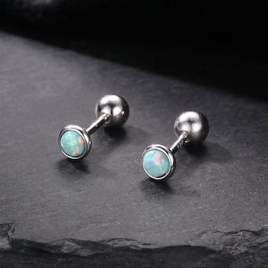 Tiny 3mm Aqua Green Opal Screw Back Earrings in Sterling Silver, Small Opal Stud, Blue Green Opal Screw Back Earrings, Fire Opal