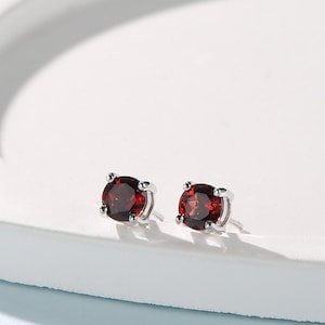 Sterling Silver Natural Garnet Stud Earrings, 4mm Prong Set, Genuine Garnet Gemstone Stud, Minimalist Style, January Birthstone