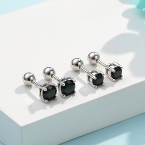 Tiny Black CZ Screw Back Earrings in Sterling Silver,  3mm or 4mm or 5mm CZ,  Stacking Earrings, Black CZ Barbell Earrings, Helix Earrings