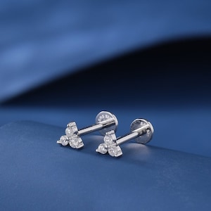 CZ Trio Internally Threaded Flat Back/Screw back(Barbell)/Stud Earrings in Sterling Silver, CZ Three Dot Trio, Piercing Jewellery