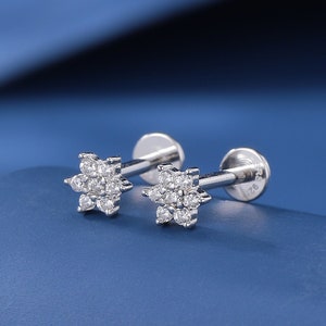 Dainty Flower CZ Screw Back / Internally Threaded Flat Back Earrings in Sterling Silver, Silver or Gold, Snowflake Barbell Piercing Earrings
