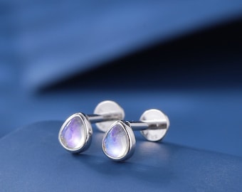 Pendientes de plata de ley con forma de gota de piedra lunar, calibre 16G, rosca interna y parte posterior plana.