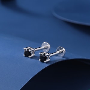 Boucles d'oreilles à dos plat/fond vissé en cz noir avec filetage intérieur, cz de 4 mm, boucles d'oreilles avec haltères en cz noir, argent ou or