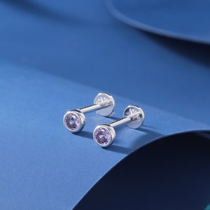 Pendientes con parte posterior plana y rosca interna en bisel de circonita cúbica violeta y amatista en plata de ley, plata u oro