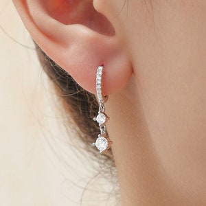 Double CZ Dangle Huggie Hoop in Sterling Silver, Silver or Gold or Rose Gold, Skinny CZ Dangle Earrings, Two CZ Hoop Earrings