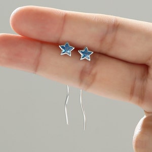 Aquamarine Blue Star Bezel CZ Crystal Threader Earrings in Sterling Silver, Silver or Gold, Minimalist Star Cut Ear Threaders image 1