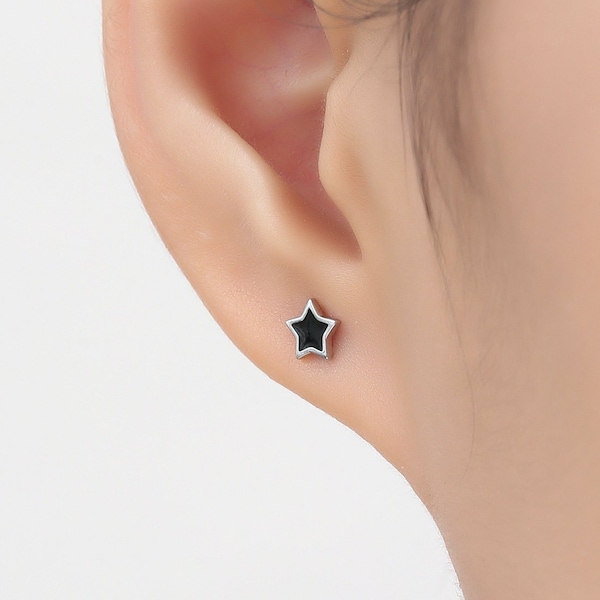 Tiny Black Enamel Star Stud Earrings in Sterling Silver, Silver or Gold,  Black Star Earrings, Tiny and Delicate