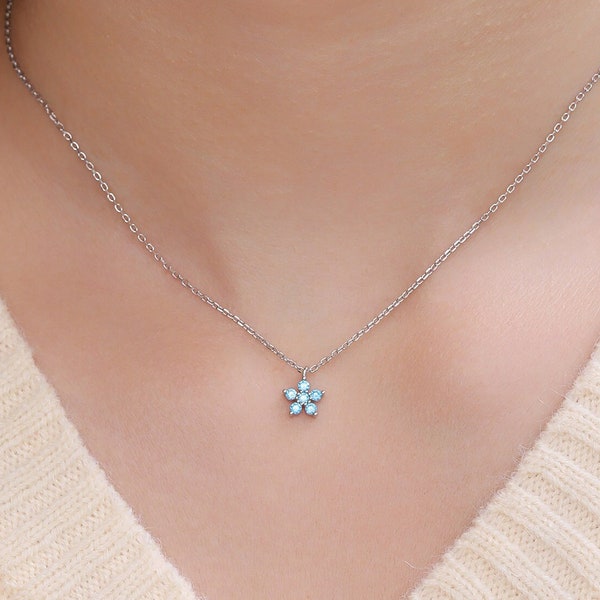 Tiny Forget Me Not Flower CZ Necklace in Sterling Silver, Silver or Gold, Various Colours, Tiny CZ Flower Pendant