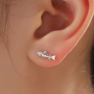 Trout Fish Stud Earrings in Sterling Silver, Silver or Gold or Rose Gold, Trout Fish Earrings, Salmon Stud Earrings