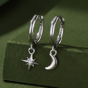 Asymmetric Moon and Star Dangle Huggie Hoop Earrings in Sterling Silver, Silver or Gold or Rose Gold, Tiny Moon and Star Skinny Hoops