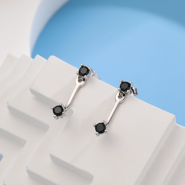 Double Black CZ Ear Jacket in Sterling Silver,  Silver or Gold, Front and Back Earrings, Two Part Earrings