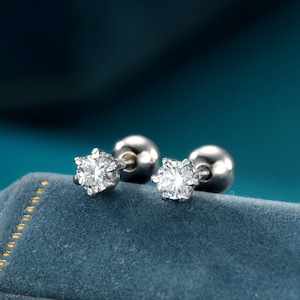 Orecchini a barbell con zirconi cubici taglio brillante da 3 mm in argento sterling, argento o oro, orecchini a vite con zirconi cubici a sei punte, chiusura a vite, elica e cartilagine