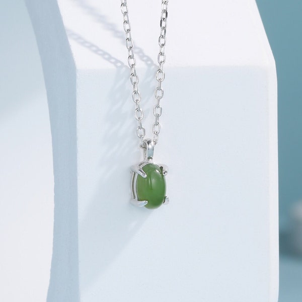 Genuine Green Jade Oval Necklace in Sterling Silver,  Dainty Jade Oval Cabochon Necklace, Natural Jade Necklace