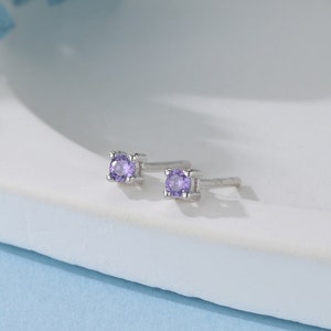 Extra Tiny 2mm Amethyst Purple CZ Stud Earrings in Sterling Silver, Silver or Gold, Barely Visible Stud Earrings, 2mm Purple Earrings image 1