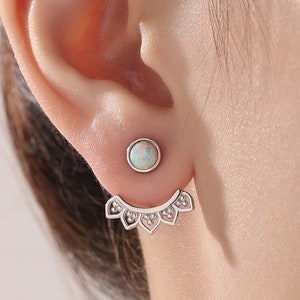 Fire Opal Lotus Ear Jacket in Sterling Silver, Lab Opal Lotus Jacket Earrings in Sterling Silver, Silver or Gold, Front and Back image 1