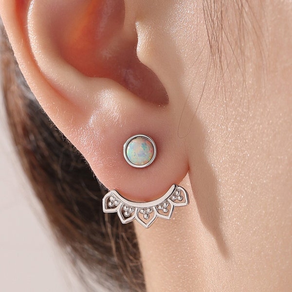 Fire Opal Lotus Ear Jacket in Sterling Silver, Lab Opal Lotus Jacket Earrings in Sterling Silver, Silver or Gold, Front and Back