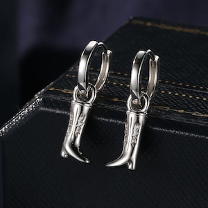 Sterling Silver Cowboy Boots Huggie Hoops, Silver, Gold or Rose Gold, Detachable Cow Boy Boots Hoop Earrings, Charm Dangle Earrings,