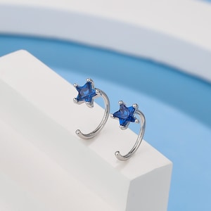 Sapphire Blue CZ Star Huggie Hoop Earrings in Sterling Silver, Tiny Blue Star CZ Trio Open Hoops, Pull Through Threaders, Half Hoops