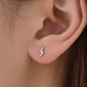 Lightning Bolt Stud Earrings in Sterling Silver, Silver or Gold, Delicate Stacking Earrings