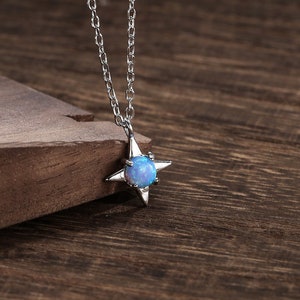Tiny Blue Opal Star Pendant Necklace in Sterling Silver, Silver or Gold, Aurora Four Point Star Necklace, Lab Opal Star Necklace