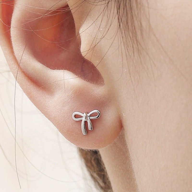 Ribbon Bow Stud Earrings in Sterling Silver, Silver or Gold,  Dainty Earrings, Bridesmaid&#39;s Jewellery