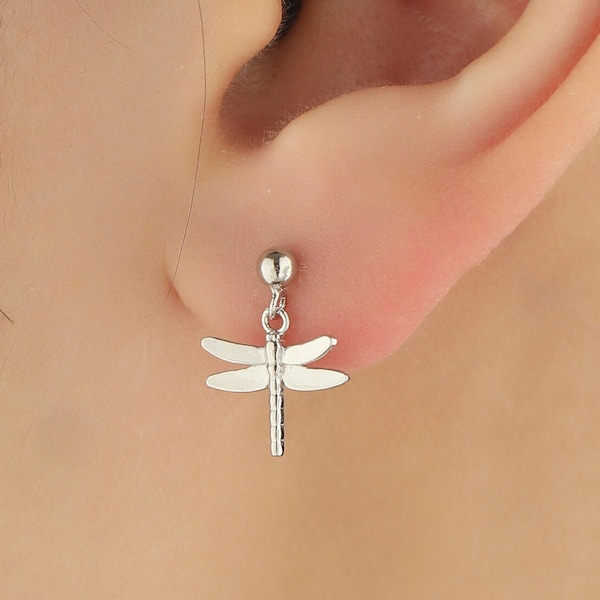 Sterling Silver Dragonfly Drop Stud Earrings, Silver or Gold or Rose Gold, Dragonfly Dangle Earrings, Dragonfly Earrings, Insect Earrings