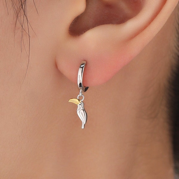 Super Cute Toucan Bird Huggie Hoop Earrings in Sterling Silver -  Cute Bird Hoop Earrings, Toucan Earrings