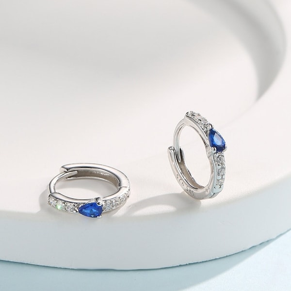 Tiny CZ Huggie Hoop Earrings in Sterling Silver with Sapphire Blue Pear CZ, Silver or Gold, Droplet CZ Hoops