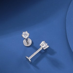 Brilliant Cut 3mm CZ Internally Threaded Flat Back, Screw Back Earrings in Sterling Silver, Silver, Gold or Rose Gold, Six Prong CZ Earrings