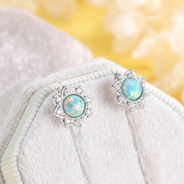 Vintage Inspired Aqua Green Opal Flower CZ Stud Earrings, Lab Opal Halo CZ Earrings, Green Opal Earrings, Vintage Style Opal  CZ Earrings