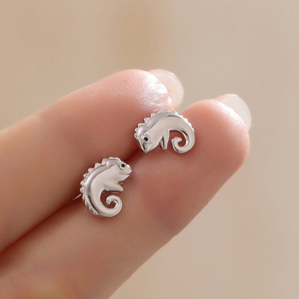 Chameleon Stud Earrings in Sterling Silver, Lizard Stud, Cute Animal Earrings, Nature Inspired Earrings