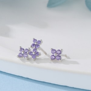 Asymmetric Hydrangea Flower Bouquet CZ Stud Earrings in Sterling Silver, Silver, Gold or Rose Gold, Mismatched Purple Flower Earrings