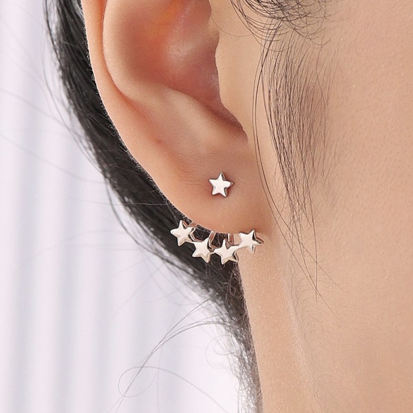 Star Ear Jacket in Sterling Silver, Four Star Earrings in Sterling Silver, Silver, Gold or Rose Gold, Front and Back