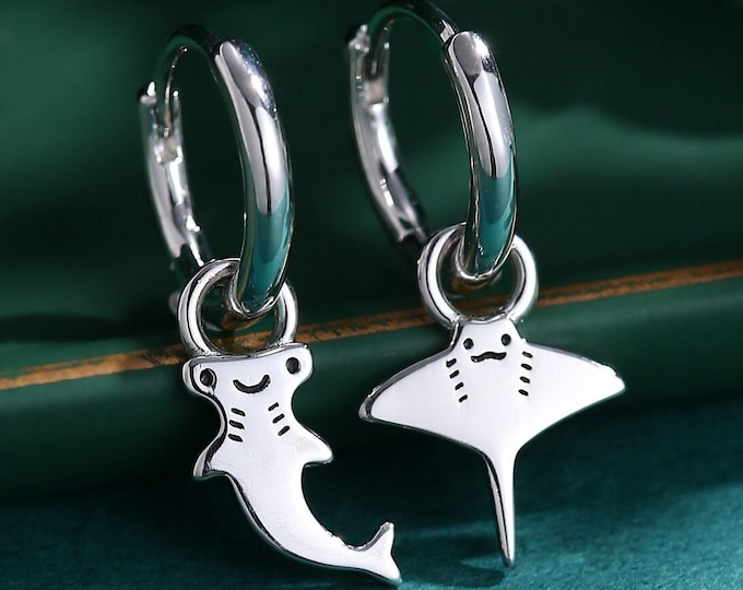 Mismatched Kawaii Hammerhead Shark and Manta Ray Huggie Hoop Earrings in Sterling Silver, Gold or Rose Gold,  Asymmetric and Detachable