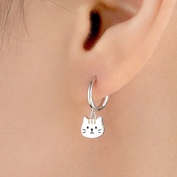 Super Cute Cat Huggie Earrings in Sterling Silver -  Cute Cat Huggie Hoops, Cat Lover Gift, Cat Mum Gift, Cat Hoop Earrings