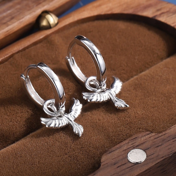 Phoenix Bird Charm Huggie Hoop Earrings in Sterling Silver, Silver, Gold or Rose Gold, Phoenix Earrings,   Detachable Charm Hoops