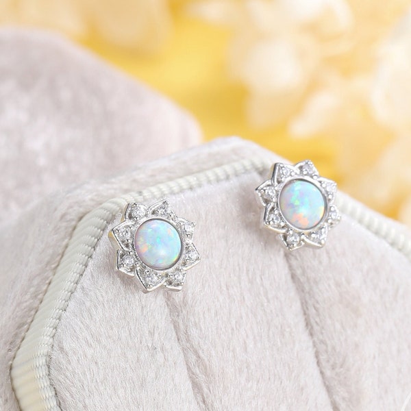 Vintage Inspired White Opal Flower CZ Stud Earrings, Lab Opal Halo CZ Earrings, Fire Opal Earrings, Vintage Style Opal CZ Earrings