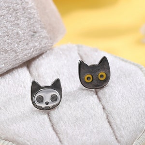 Schrodinger's Cat Asymmetric Stud Earrings, Mismatched Black Cat Stud Earrings in Sterling Silver, Black Rhodium Coated Cat Earrings