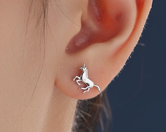 Pendientes de unicornio en plata de ley, plata, oro u oro rosa, pendientes de unicornio, pendientes de caballo unicornio, pendientes de unicornio