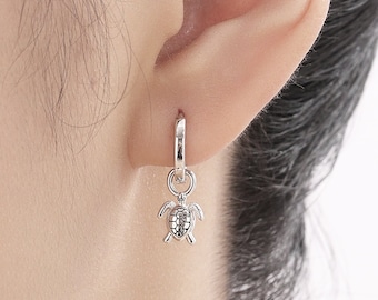 Sterling Silver Sea Turtle Huggie Hoops, Silver, Gold or Rose Gold, Detachable Cute Turtle Hoop Earrings, Ocean Creature Earrings