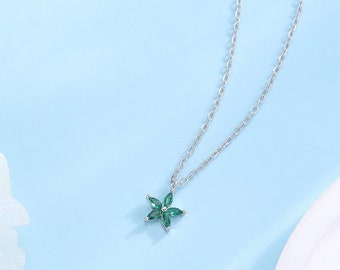 Tiny Emerald Green CZ Flower Necklace in Sterling Silver, Silver or Gold, CZ Flower Necklace, CZ Cluster Floral Necklace