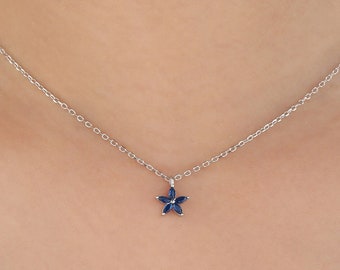 Tiny Sapphire Blue CZ Flower Necklace in Sterling Silver, Silver or Gold, CZ Flower Necklace, CZ Cluster Floral Necklace